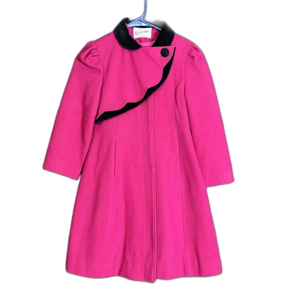 Vintage Rothschild Girls Size 7 Pink Wool Blend Dress Coat Black Velvet Made USA